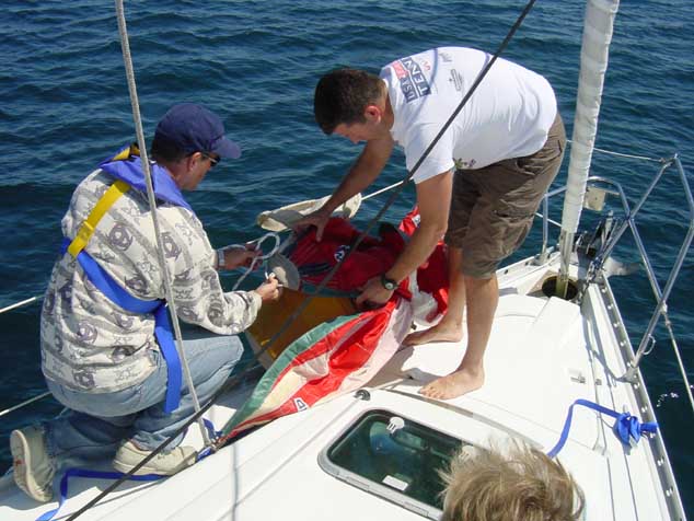 DSC00093 Some Wind! Preparing Tom's new cruising spinnaker